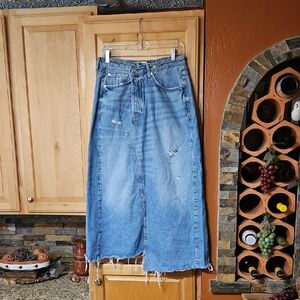 Free People We The Free Reworked Denim Midi Skirt Button Fly Distressed Blue